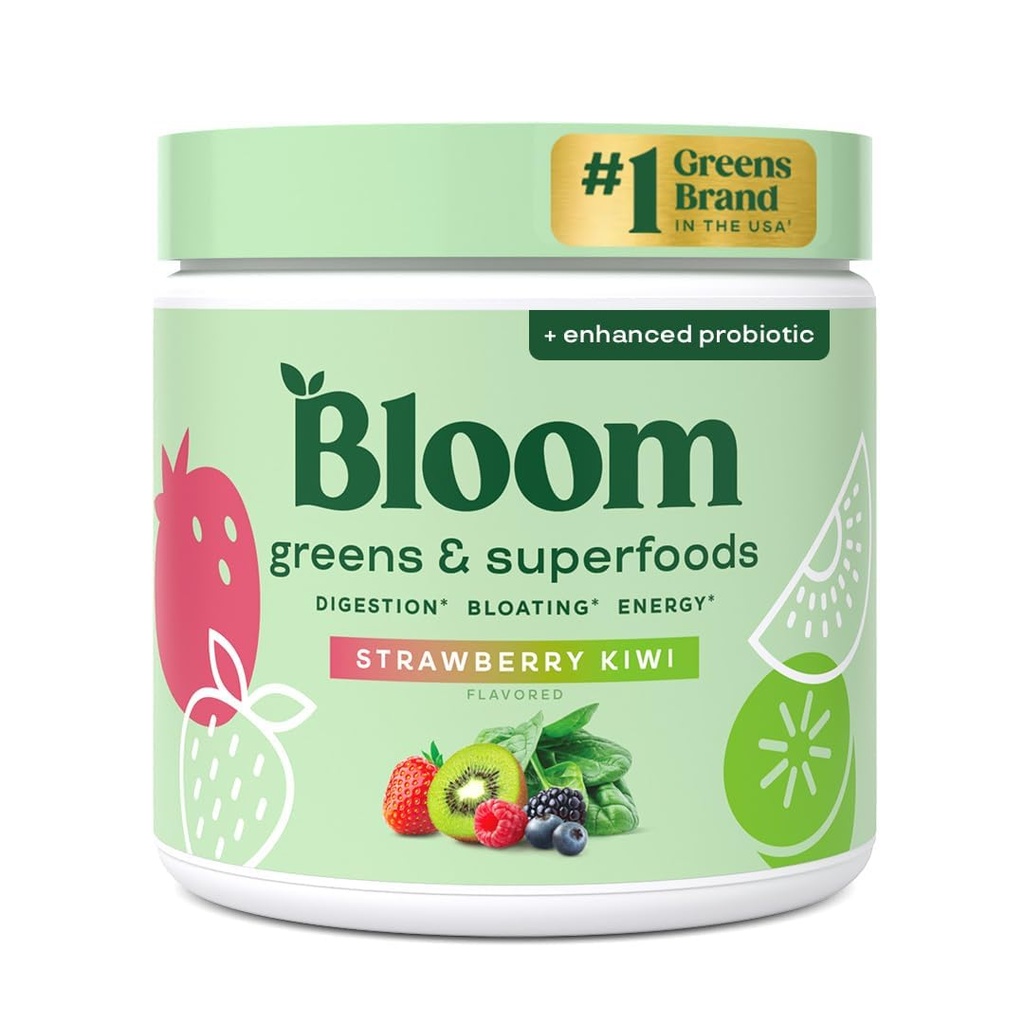 Bloom Nutrition Verts et superaliments Poudre pour la santé digestive, Poudre de Verts, Enzymes digestifs, Probiotiques, Spiruline, Chlorelle pour Bloating & Gut Support, Jus vert, 30 SVG, Fraise Kiwi
