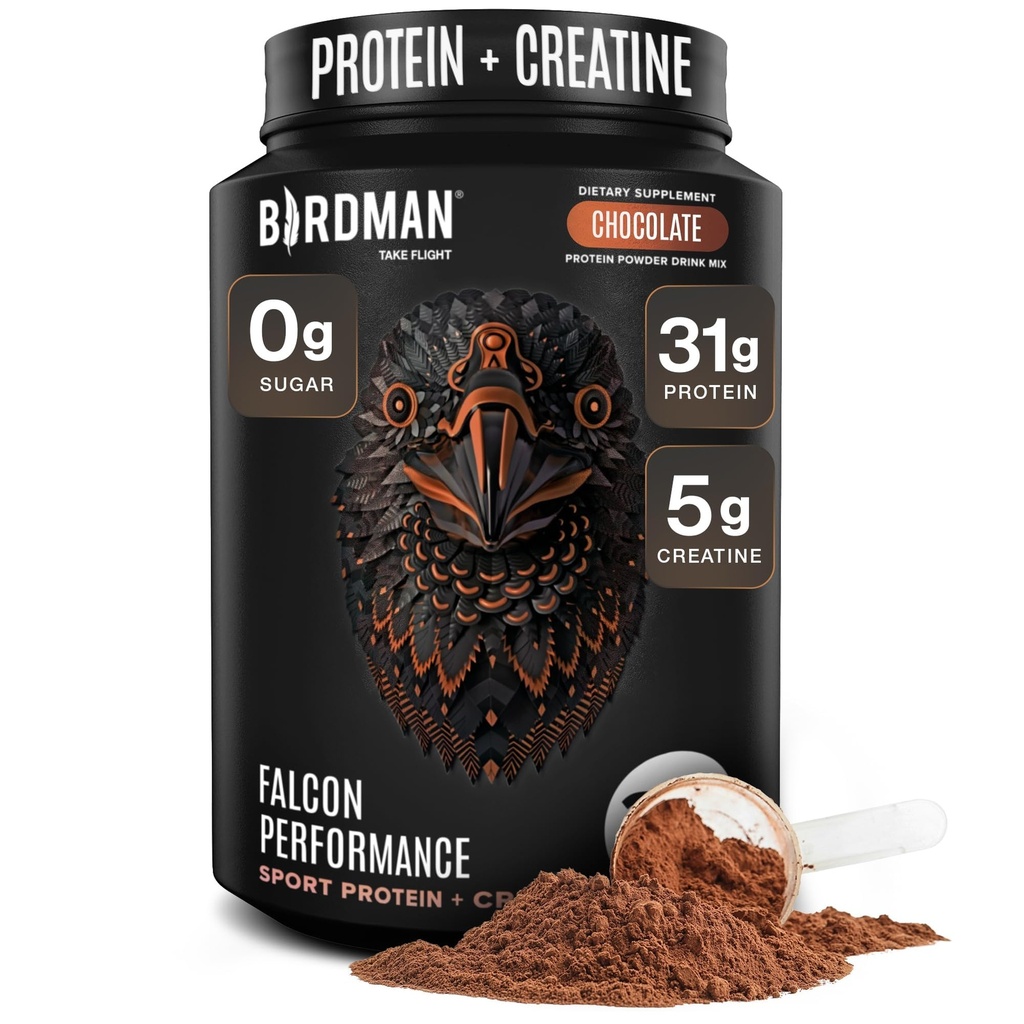 Birdman Falcon Performance Poudre de protéines végétaliennes, 31g Protéines, 5g de créatine, 5g BCAA, Probiotiques, Electrolytes, Préentraînement, Faible Carb, Sans sucre et Sans lait, Protéines de chocolat à base de plantes -19 portions