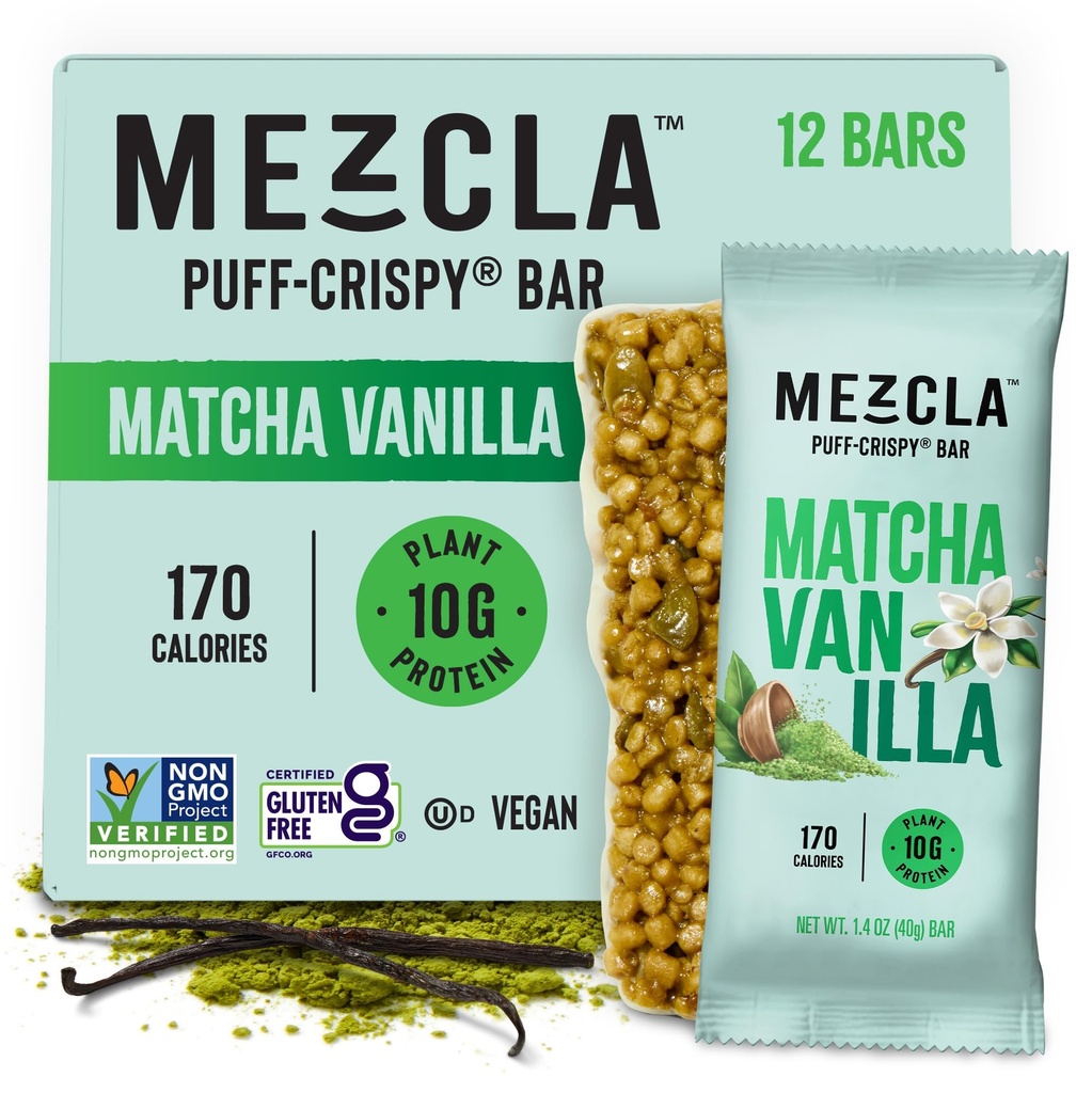 Mezcla Puff Crispy Protein Bars, Gluten Free & Vegan Protein Bars, 10g Protein, Alt für Crispy Rice Treat, Granola Bars & Breakfast Bars, Gesunde Snacks für Erwachsene, Matcha Vanilla, 12 Pack