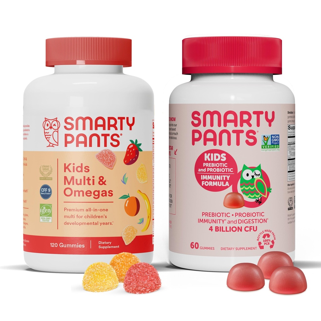 SmartyPants Kids Multivitamin Gummi und Probiotische Immunität Bundle: Omega 3 Fischöl (EPA/DHA), Vitamin D3, C, Vitamin B12, B6, Verdauungs- und Immununterstützungsergänzung (30 Tage Versorgung)