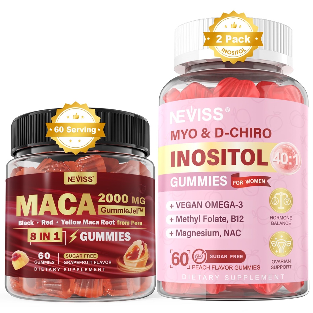 NEVISS Sans sucre 1Pack Gommies de racine de Maca et 2Pack Myo-Inositol et D-Chiro Gommies d'inositol