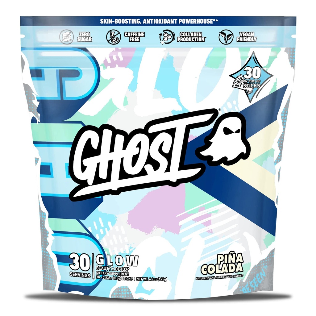 GHOST Glow Sticks: Beauty and Detox Supplement - 30 On-The-Go Stick Packs, Pina Colada - Hyaluronsäure, Biotin & L-Theanin für Haut-Boosting-Unterstützung – Zuckerfrei, Glutenfrei
