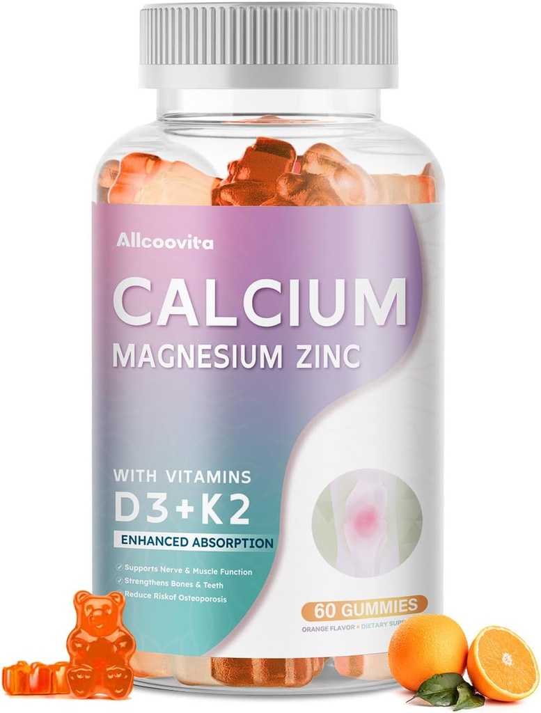 Calcium Magnesium Zink-Gummien mit Vitamin D3 & K2 - Hohe Potenz Enhanced Absorption -60 Orangen-Gummien geflammt.