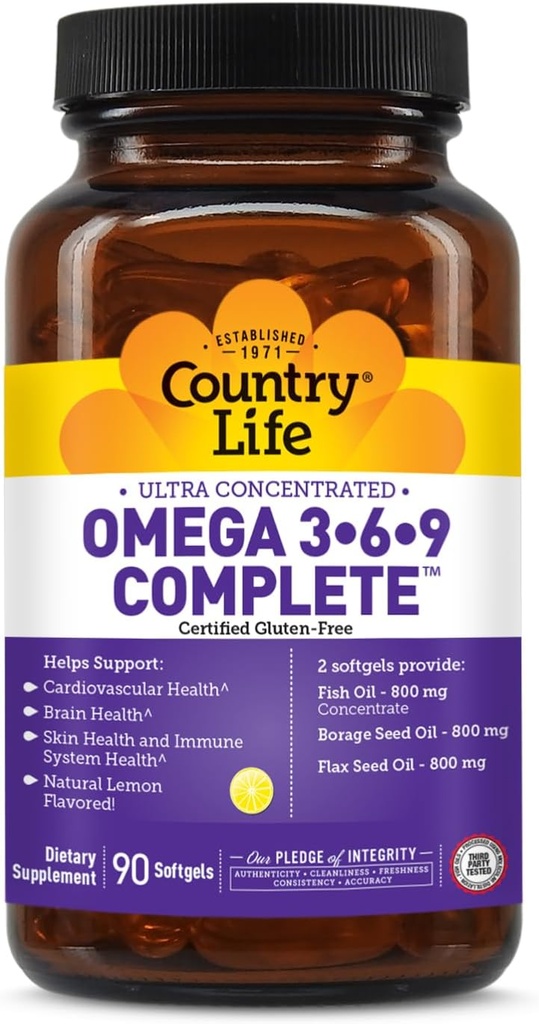 Country Life Omega 3-6-9 Complete Supplement - 1.534mg Omega Fatty Acids - Unterstützt Herz-Kreislauf-, Gehirn-, Haut- & Immun-Gesundheit - Certified Gluten Free, Non-GMO - 90 Softgels