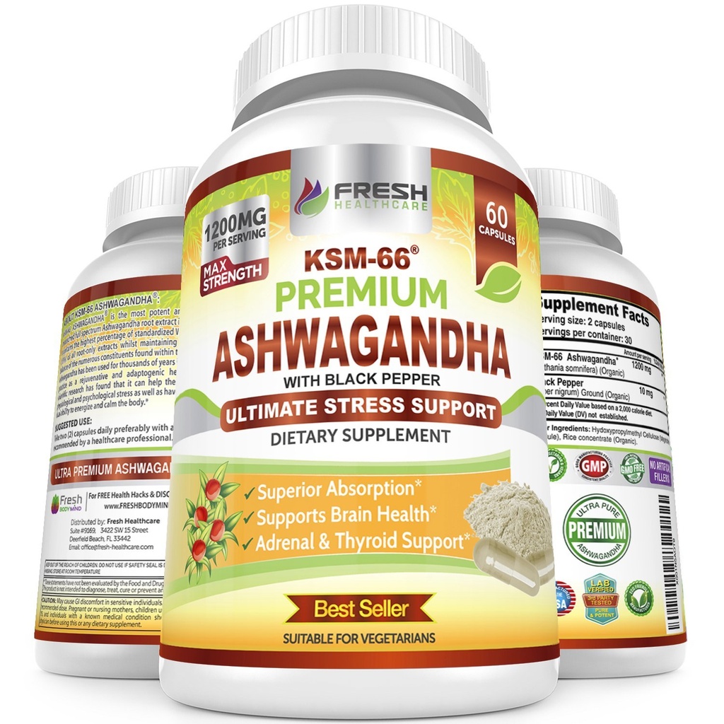 FRESH HEALTHCARE Ashwagandha Kapseln KSM-66 1200mg Pure Root Extract mit schwarzem Pfeffer für hohe Absorption - Potent Ashwagandha Supplement - 60 Vegan Kapseln