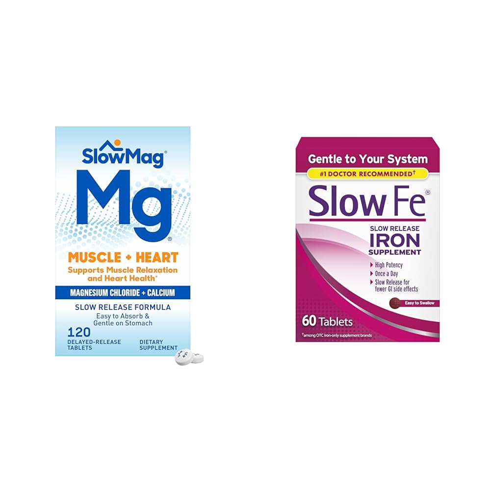 SlowMag Muskel Herz Magnesium Chloride Calcium 120 Count & Slow Fe 45mg Eisenmangel Supplement 60 Count