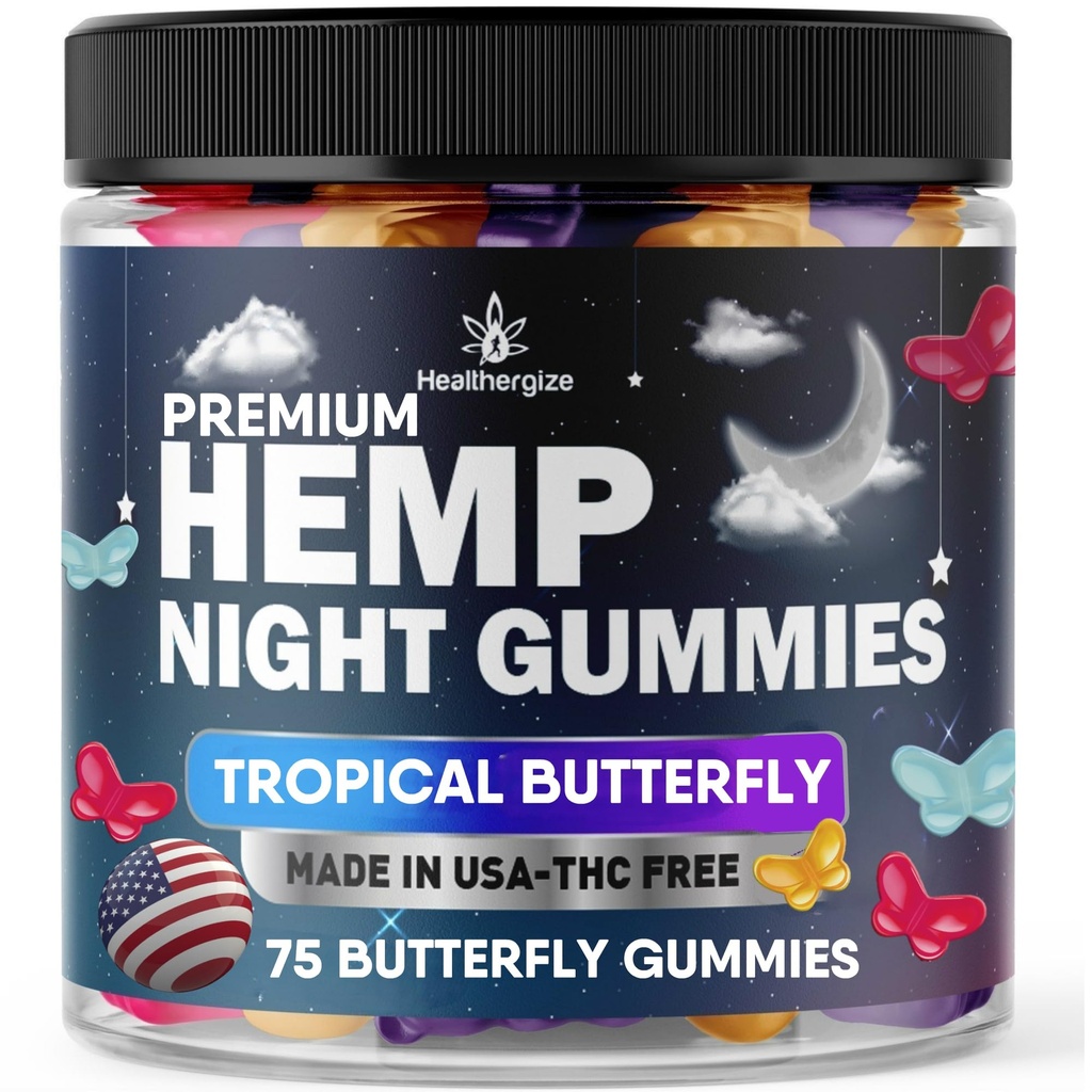 Gummies de chanvre Temps de nuit, Gummies de Nap haute puissance, Paix et détente, Nourris de papillon fruité, bonne humeur, calme, repos temps de lit naturel huile de chanvre Oméga-Fabriqué aux États-Unis