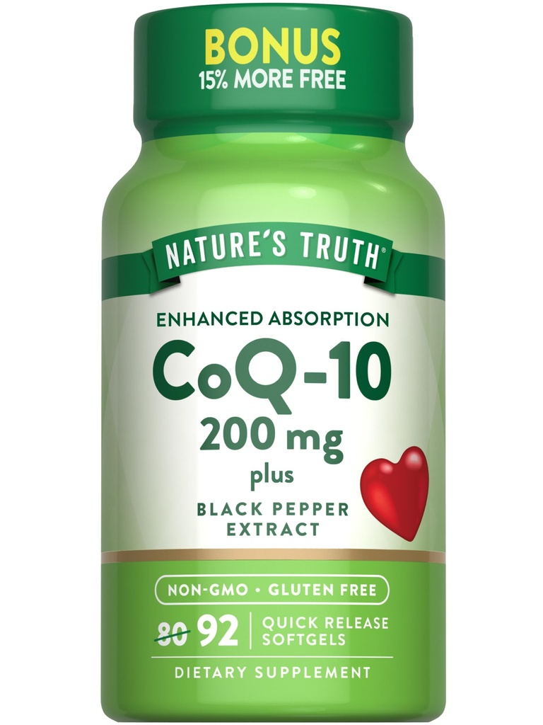 Nature's Truth CoQ10 200 mg Softgels | 92 Count | Verbesserte Absorption | mit schwarzem Pfeffer Extrakt | Non-GMO & Gluten Kostenlose Ergänzung