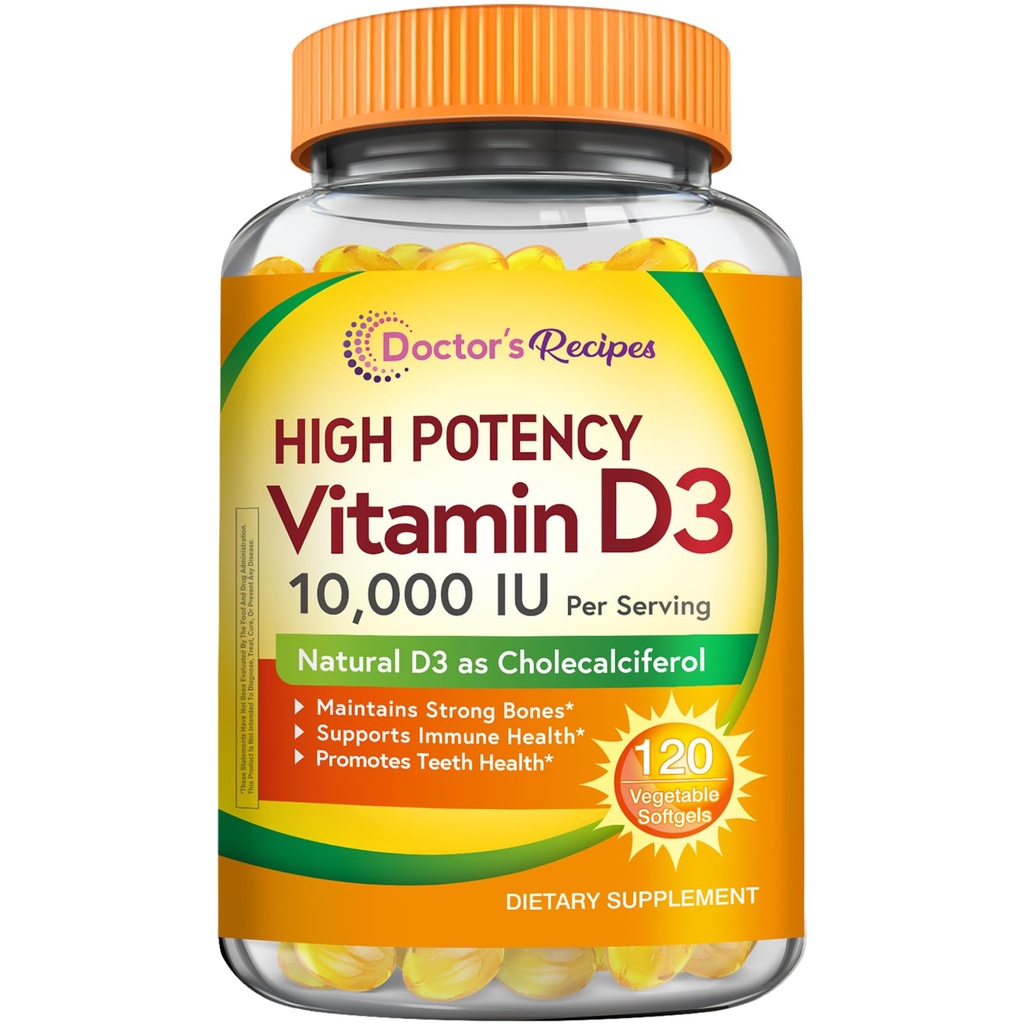 Vitamin D3 10000 IU, Knochen, Zähne und Immununterstützung, Non-GMO, keine Gelatine, Gluten oder Soja, 120 Vegetarische Softgele