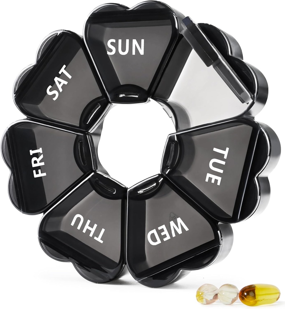 MOLN HYMY Large Pill Organizer 7 Day, Pretty Weekly Pill Box Case, Cute Girly Medicine Dispenser Container for Vitamin, Gummy, Medication, Supplement (Black)