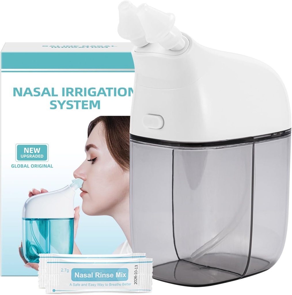 Système d'irrigation nasale avec 30 paquets salines, machine à rincer Sinus, machine à nettoyer Sinus Nez avec réservoir d'eau et réservoir de collecte des déchets - Gris