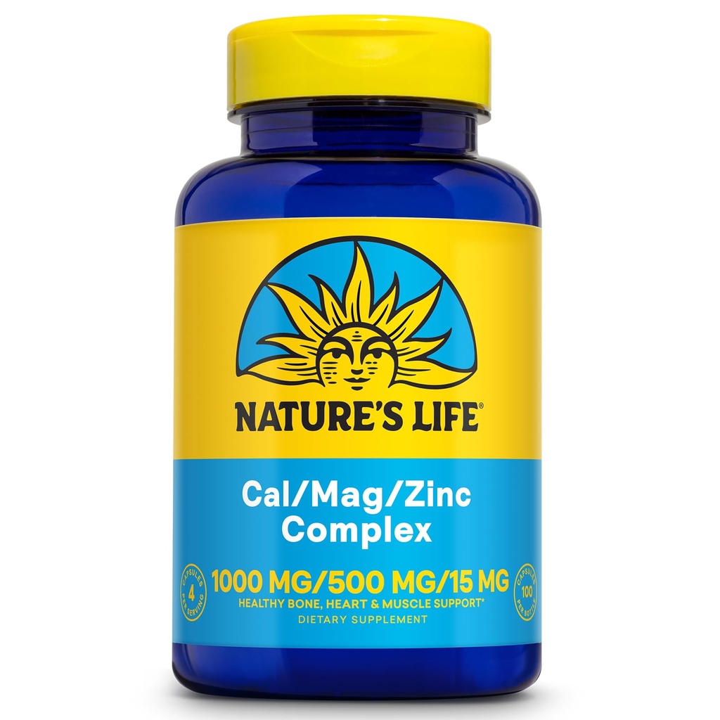 NATURE's LIFE Cal Mag Zink Complex 1000mg / 500mg / 15mg - Calcium Magnesium Zink Supplement w/Vitamin D und Boron - Knochengesundheit, Muskel- und Herzgesundheitsunterstützung, 60 Tage Garantie, 25 Serv, 100 Caps