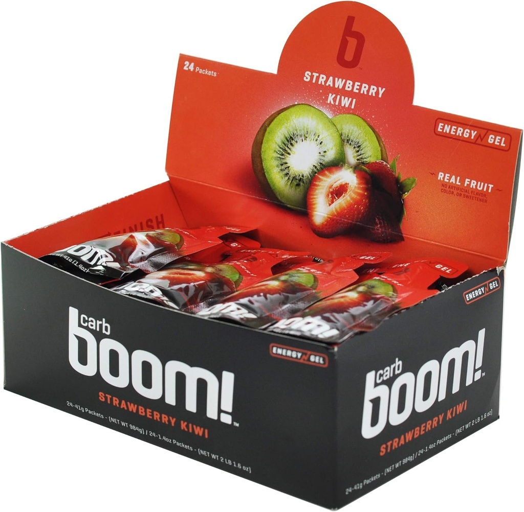 Boom Nutrition - Gel d'énergie de carbure - Gels d'énergie aromatisés aux fruits - Gel d'entraînement - Gel d'énergie pour le vélo - Gel de course - Gel d'énergie naturelle - Kiwi fraise (24 Pack)
