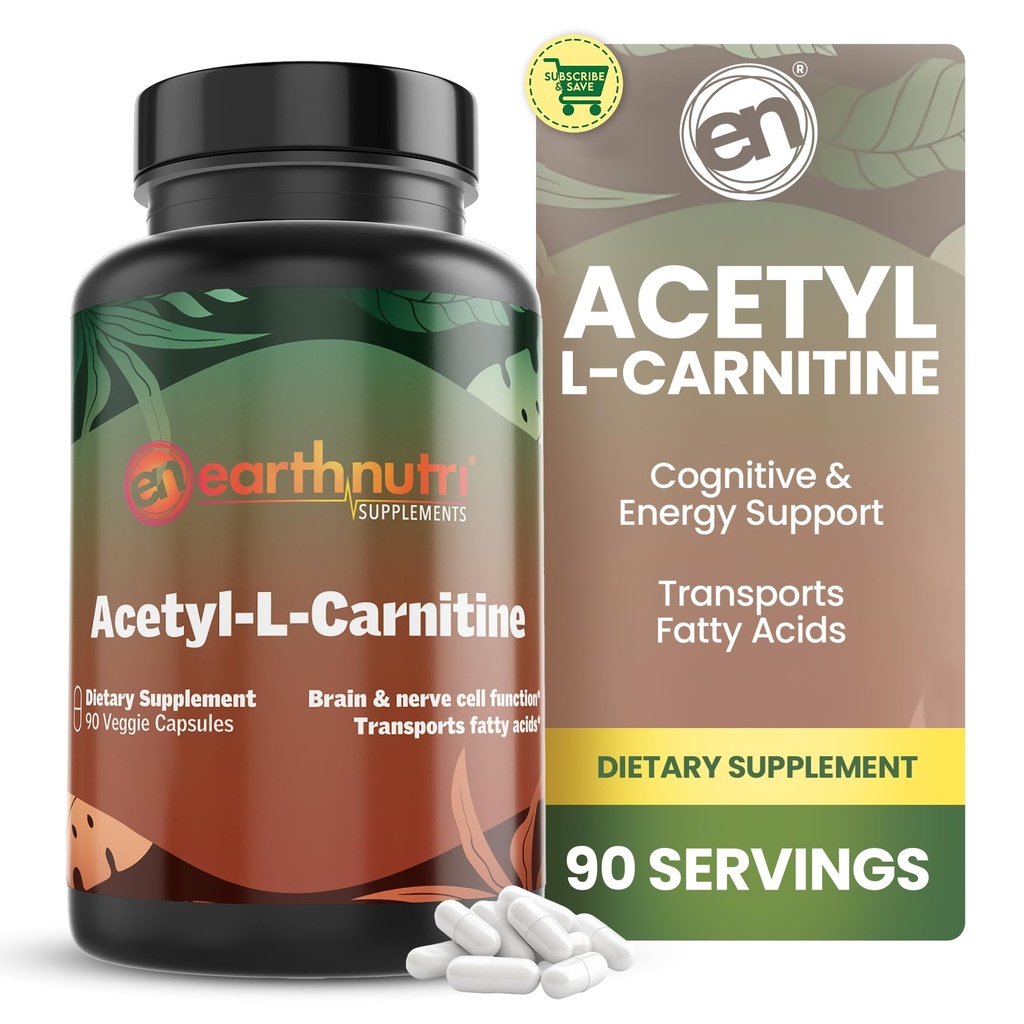 EarthNutri Acetyl-L-Carnitin Capsule – Additive Free, Glutenfrei, keine Füllstoffe, keine Konservierungsstoffe – Acetyl L-Carnitin-Ergänzung hilft Konzentration & Energie – 500 mg pro Servierung, Unflavored 90 Count