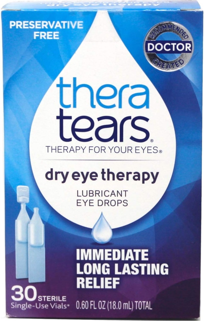 TheraTears gouttes oculaires pour les yeux secs, la thérapie des yeux secs gouttes oculaires lubrifiantes, sans conservateur, 30 nombre de flacons à usage unique