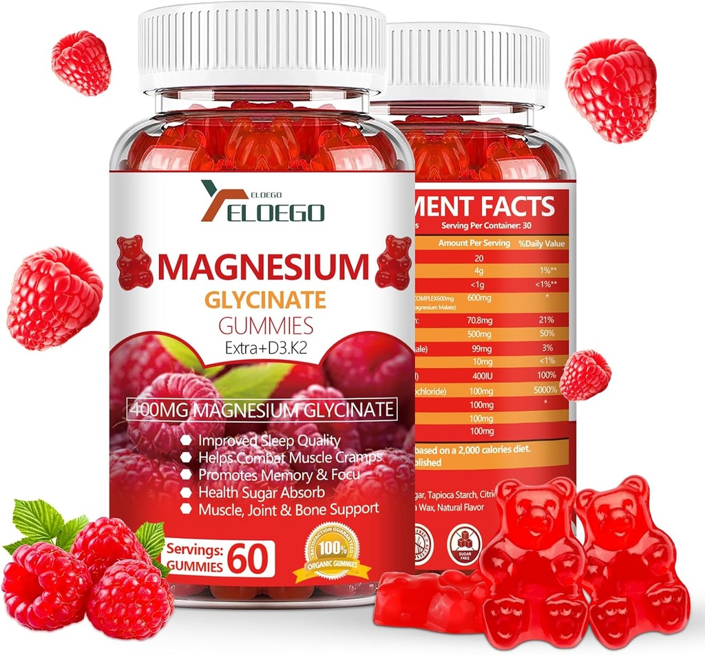 Magnesium Glycinat Gummi 600mg (Magnesium Malate 200mg), Extra K2 & D3, hohe Absorption Magnesium Ergänzung für Schlaf, Stress Relief, Nerve Unterstützung, Raspberry (60 Count)