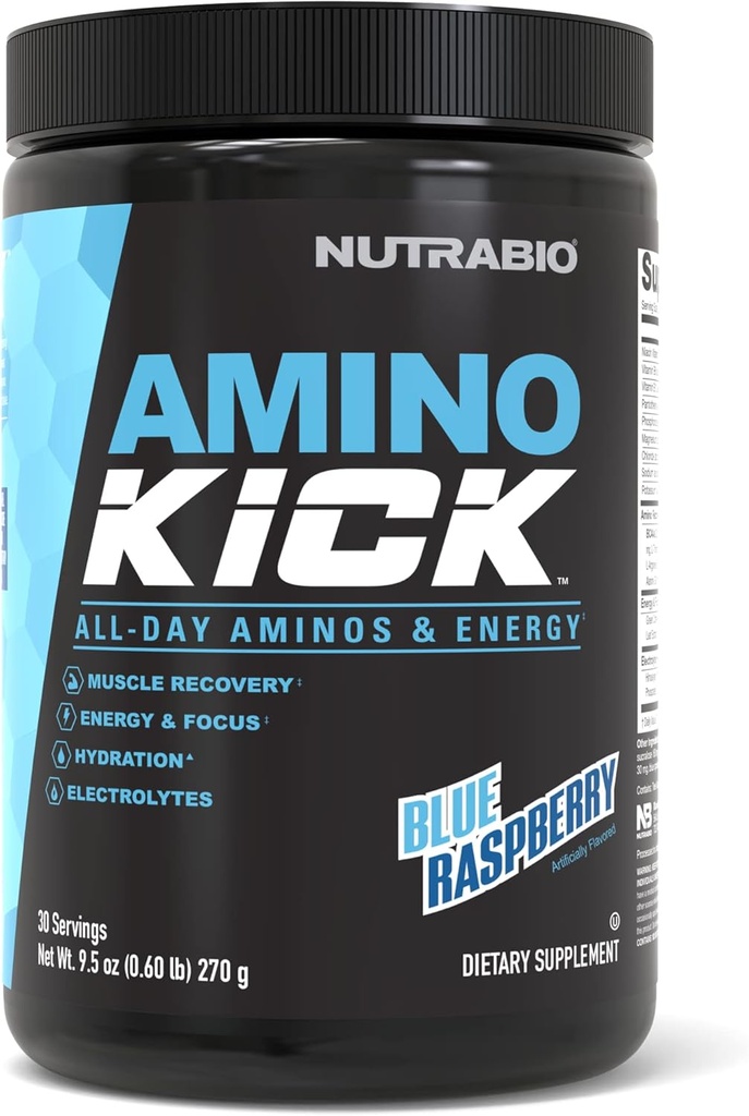 NutraBio Amino Kick – BCAA-Pulver mit natürlichem Koffein – Aminosäuren-Ergänzung für Energie, Hydration & Recovery – BCAAs, Elektrolyte & Aminosäuren – Blaue Himbeere, 30 Portionen