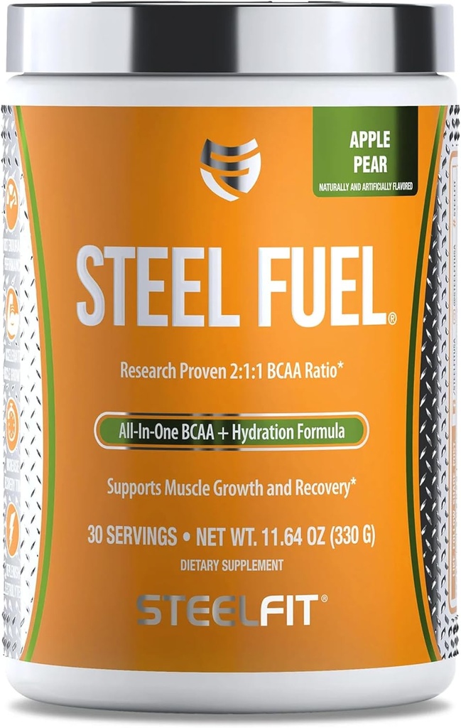 SteelFit Combustible en acier 5g BCAAs Amino Acides Poudre pour accélérer la croissance musculaire et l'endurance améliorée - 30 portions dans la poire à pommes - BCAA Suppléments Poudre pour électrolytes et récupération