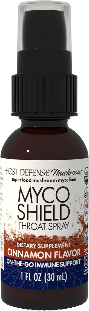 Host Defense MycoShield Throat Spray - Immune Health Support - Nahrungsergänzungsmittel mit Chaga, Reishi, Türkei Tail &amp; More - On-The-Go Immune Support - Cinna Flavor, 1 fl oz (71 Servierungen)*