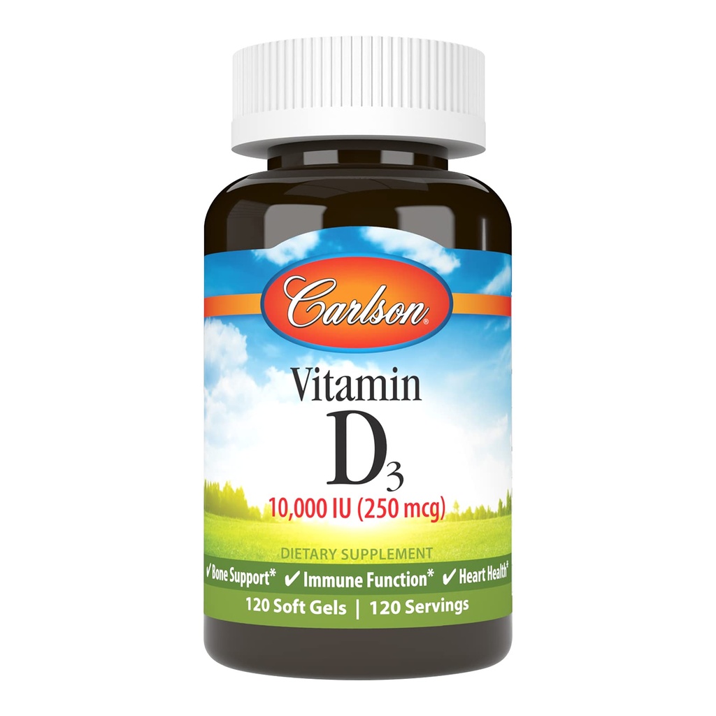 Carlson - Vitamin D3, 10000 IU (250 mcg), Vitamin D Nahrungsergänzungsmittel, Knochen- und Immununterstützung, Vitamin D3 Weichgele, Herzgesundheit, Glutenfreie Vitamin D Kapseln, 120 Weichgele