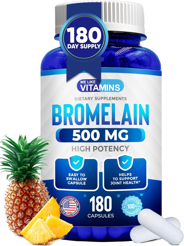 Wir mögen Vitamine Bromelain 500mg Kapseln - 1200 GDU/Serving - Bromelain Ergänzung aus Ananasextrakt - Proteolytische Enzyme für Verdauung, Absorption, Gelenkschmerzen, Muskeln Soreness - 180 Kapseln