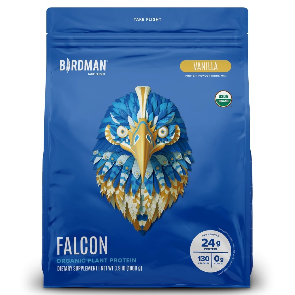 BIRDMAN Falcon Vegan Protein Powder Organic, Stevia & Sugar Free, Plant Based Protein, Low Carb, Dairy Free, Keto, Non Whey Protein, Probiotic, Pea Protein | Vanilla Flavor - 60 Portionen - 3.9 lb