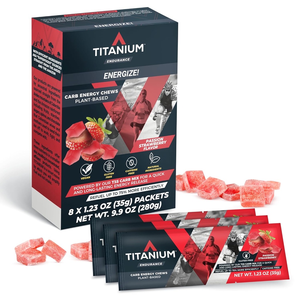 TITANIUM Energy Chews für Laufen, Radfahren - Pflanzenbasierte natürliche Endurance-Energie-Gummien zu Re Fuel - Energie-Ergänzungen - Vorarbeiten Snack Bloks - Schnellere als Energie Gele - Kein Koffein - 8 Zähler