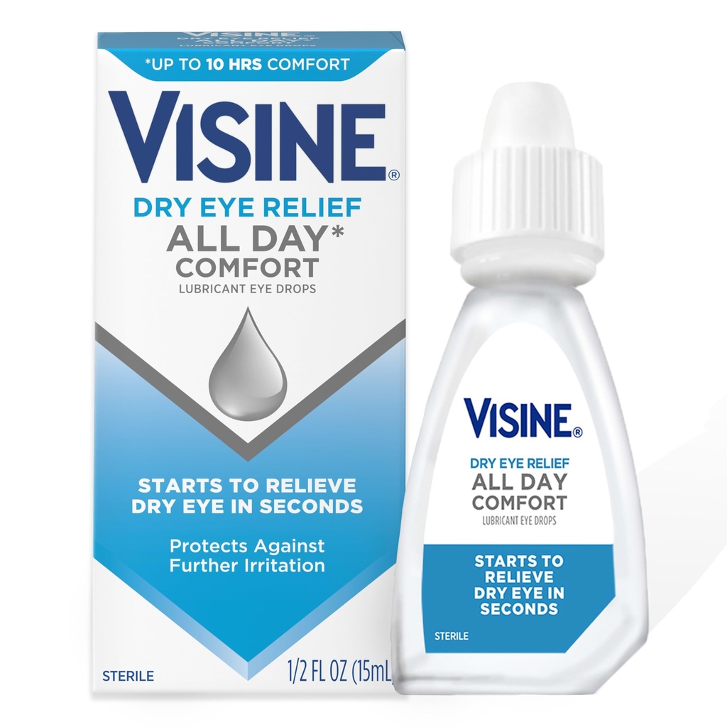 Visine Dry Eye Relief All Day Comfort Lubricant Eye Drops für bis zu 10 Stunden Komfort, Dry Eye Drops mit Polyethylenglykol, 0,5 fl. oz
