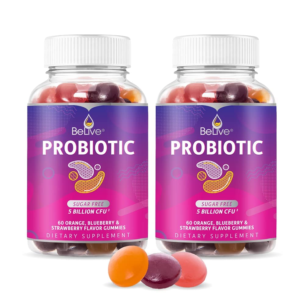 BeLive Probiotic Gummies - Probiotika mit 5 Billion CFUs für Verdauungs-Gesundheit, Männer, Frauen und Kinder Probiotische Ergänzungen für Immununterstützung, Sugar Free & Vegan – Blueberry, Erdbeere & Orange | 2-Pack
