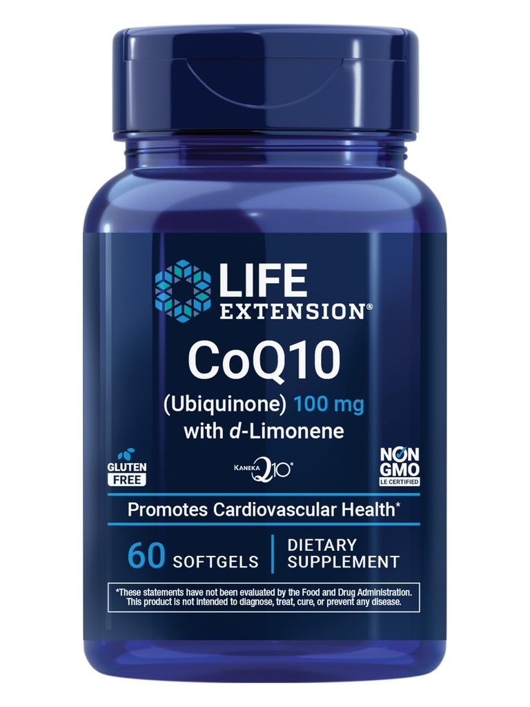 Life Extension CoQ10 (Ubiquinone) avec d-Limonène – Santé cardiaque, Fatigue générale de combat, Meilleure absorption – Sans gluten, Non-OGM – 60 Softgels