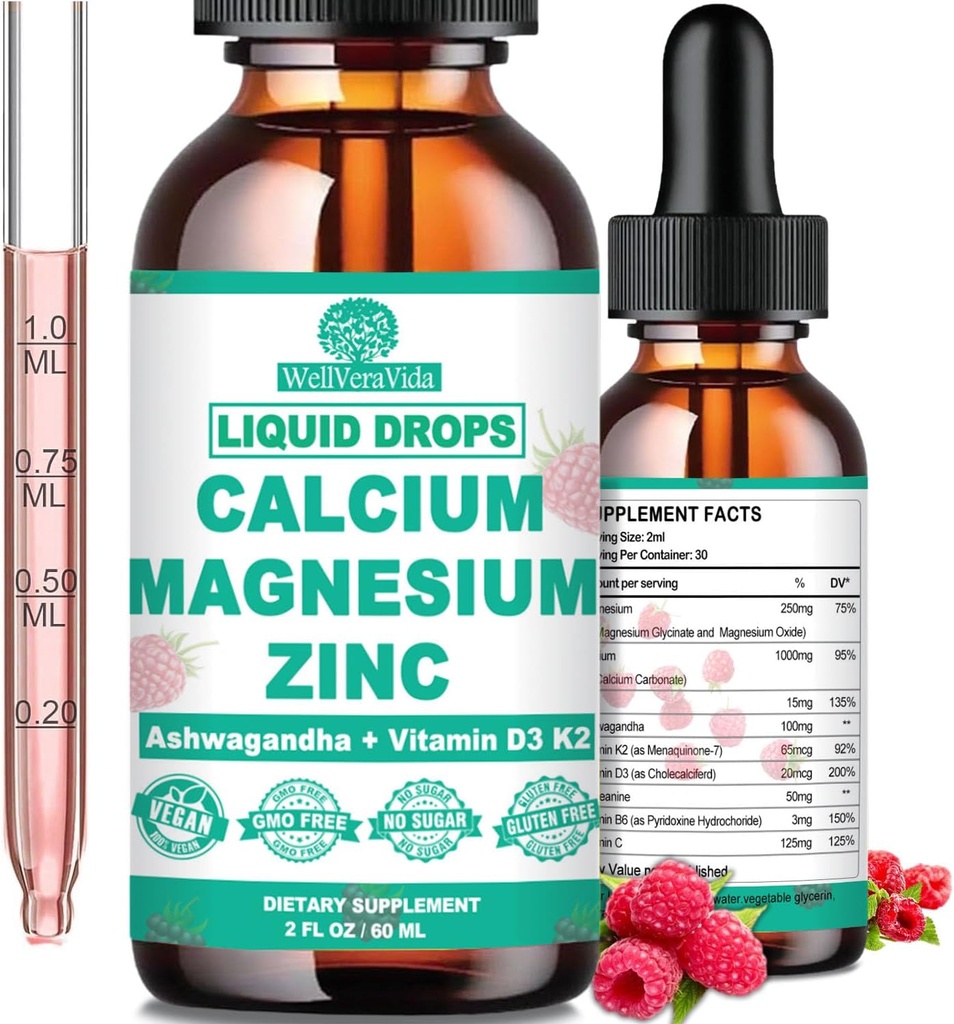 Calcium Magnésium Zinc D3 avec Magnésium Calme Glycinate Plus Ashwagandha, L-Theanine, Calcium liquide avec Vitamine D3 et supplément de magnésium pour Immune, Os, Muscle, Mood & Sleep Support