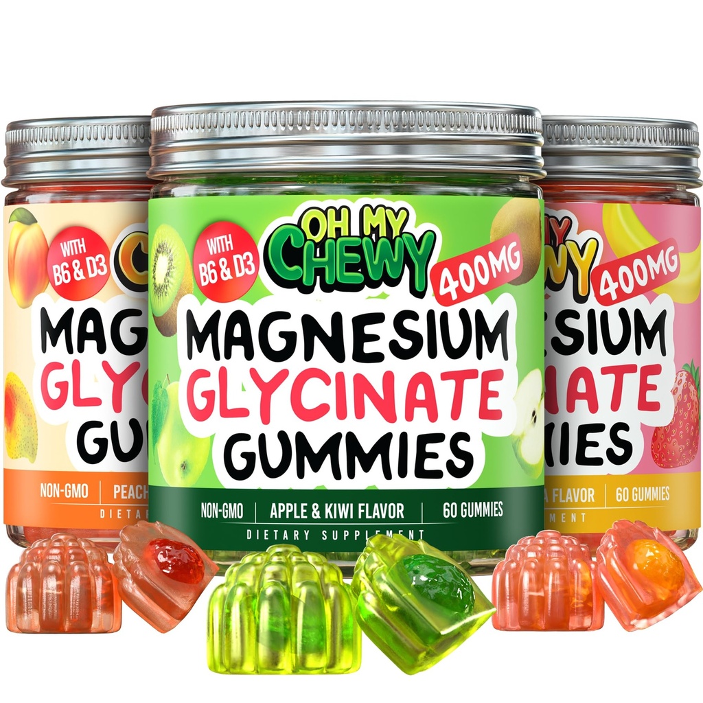 Magnesium Gummi-Sorten-Pack – 3 Flaschen (je 60) – Erdbeer-Banan, Apfel Kiwi & Peach Mango