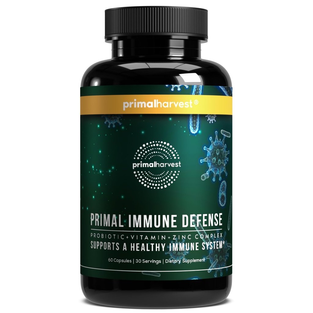 Primal Harvest Primal Immune Defense 10-in-1 Immune Defense Supplement: mit 7 Billion CFU Probiotics, Zink, Vitamine C, B6, D3, K2 - Immun Boosters für Erwachsene 60 Kapseln (1 Packung)