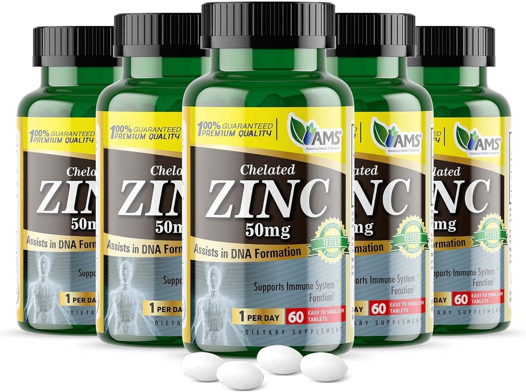 America Medic & Science Chèled Zinc 50 mg Suppléments (5 Pack de 60 comprimés) Immune Booster et puissant antioxydant pilules pour les adultes Hommes et femmes