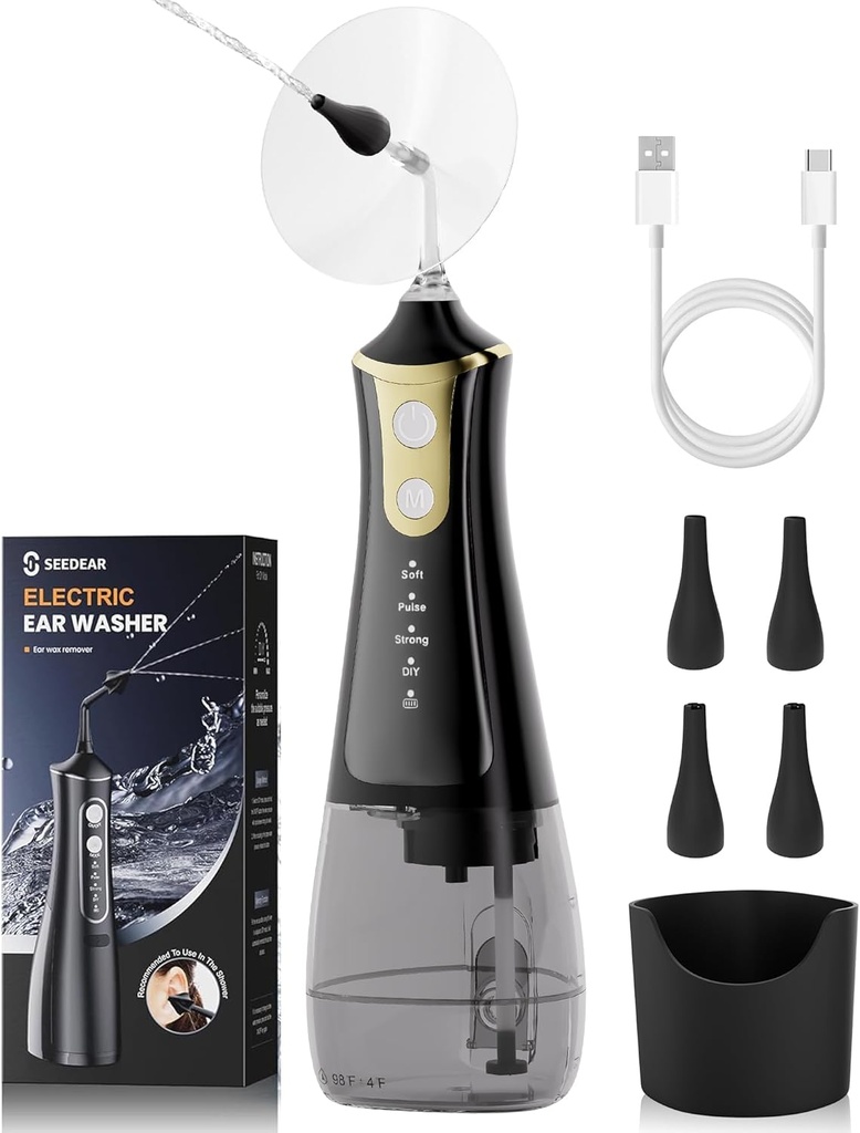 Kit de suppression de cire d'oreille électrique, Nettoyeur de cire d'oreille avec 4 modes de pression d'eau, Kit de nettoyage d'oreille plus sûr et plus efficace système d'irrigation d'oreille, outil de suppression de cire d'oreille avec 4 buses (noir)