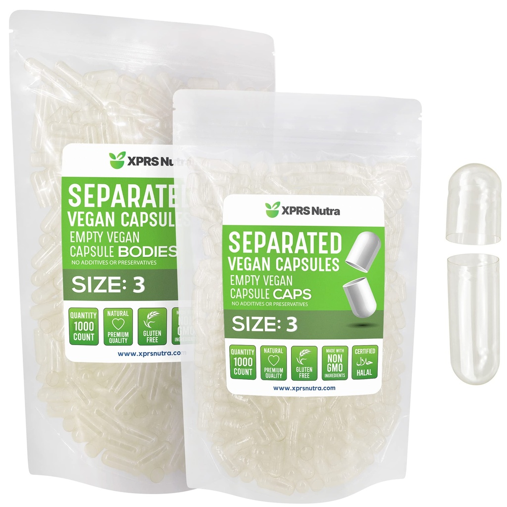 XPRS Nutra Vegan Taille 3 Capsules séparées- 1000 Compte Caps vides Premium Séparés dans les sacs - Capsules vides claires - Pills pour le remplissage de supplément de bricolage