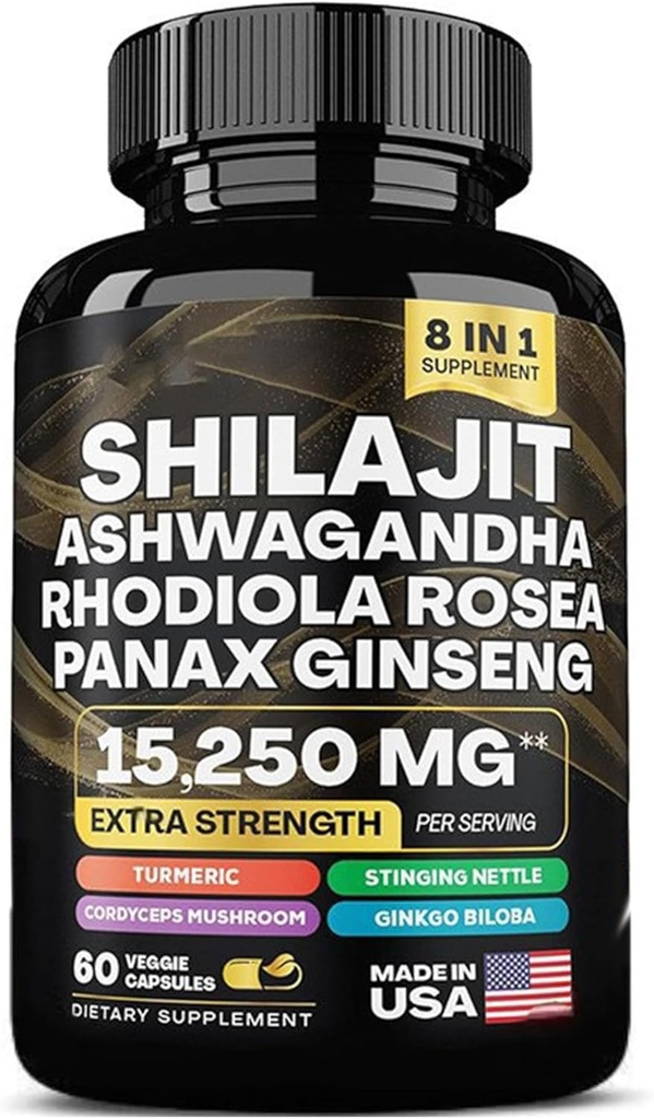 shilajit 9000 mg, Ashwagandha 2000 mg, Rhodiola Rosea 1000 mg, Panax Ginseng 1500 mg, Cordyceps Mushroom 500 mg, Ginkgo Biloba 500 MG, Stinging Nettle 250 mg, Tumeric 500 mg.