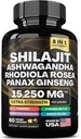 shilajit 9000 mg, Ashwagandha 2000 mg, Rhodiola Rosea 1000 mg, Panax Ginseng 1500 mg, Cordyceps Mushroom 500 mg, Ginkgo Biloba 500 MG, Stinging Nettle 250 mg, Tumeric 500 mg.