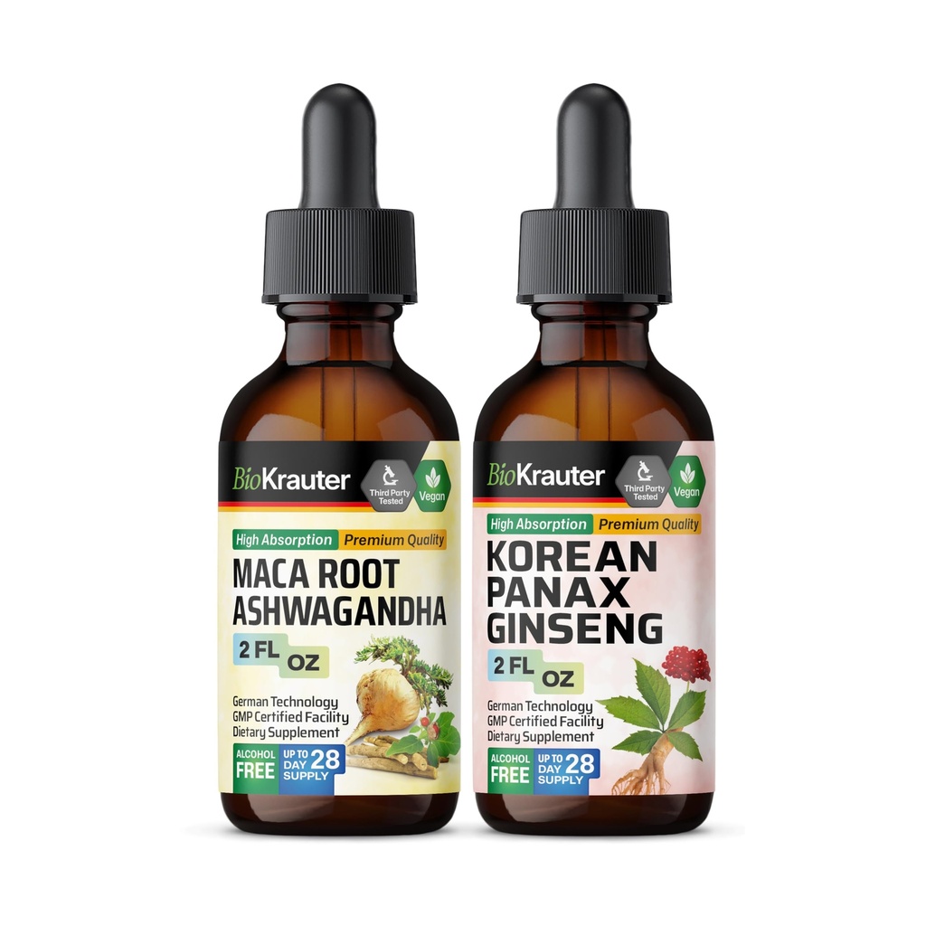 BIO KRAUTER Maca Wurzel Ashwagandha Tinktur 2 Fl. Oz. & Korean Panax Ginseng Tinkture 2 Fl. Oz.