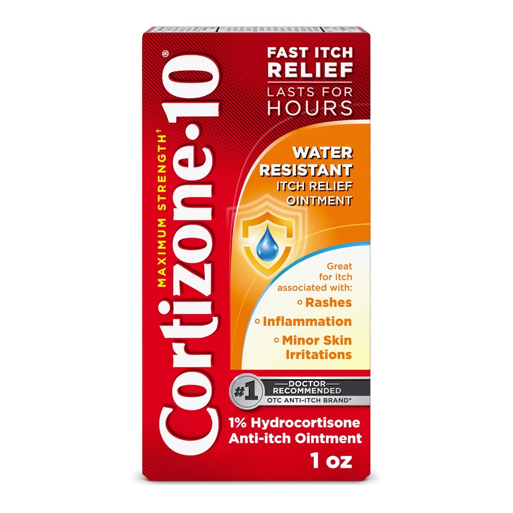 Cortizone-10 Résistance maximale à l'eau Relief de démangeaison, 1 % Hydrocortisone, Fast-Acting, Crème anti-démangeaison pour les morses de bogues, Rash, Eczema, Psoriasis, Poison Ivy, Chêne, Sumac et plus, 1 oz
