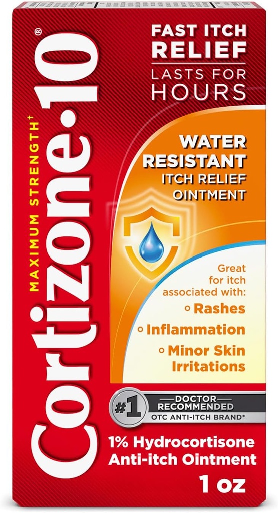 Cortizone-10 Résistance maximale à l'eau Relief de démangeaison, 1 % Hydrocortisone, Fast-Acting, Crème anti-démangeaison pour les morses de bogues, Rash, Eczema, Psoriasis, Poison Ivy, Chêne, Sumac et plus, 1 oz