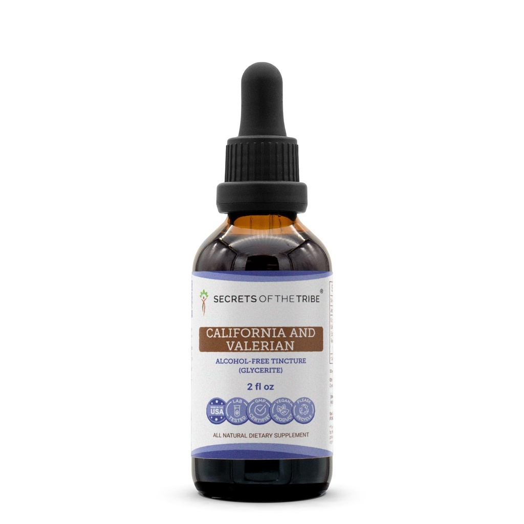 Secrets de la tribu Californie et de la teinture valériane Extrait sans alcool, Herbes (California Poppy Herb and Flower, Valerian Root) 2 oz