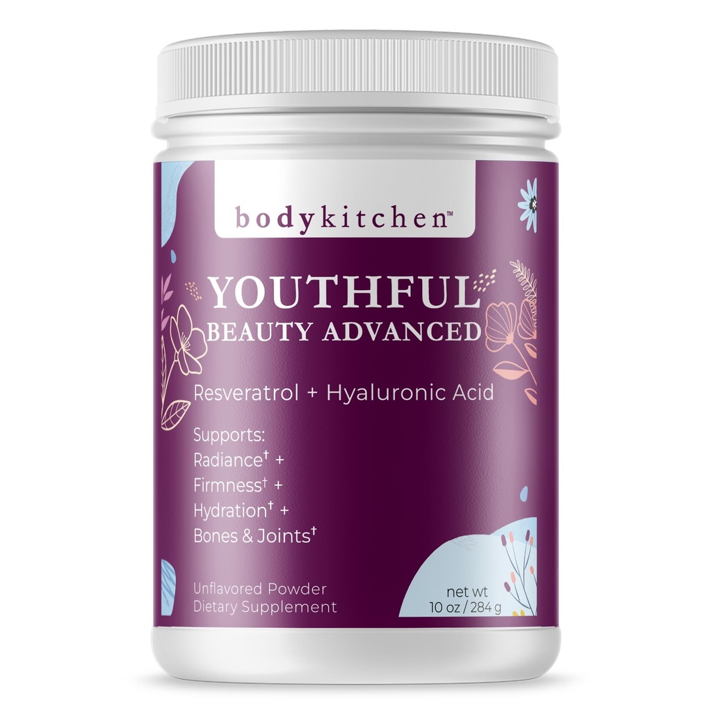Body Kitchen Youthful Beauty Advanced, Collagen Peptides Poudre pour les beaux ongles de peau de cheveux, resvératrol et l'acide hyaluronique pour anti-âge et antioxydant support, herbe Fed (Pack de 1)