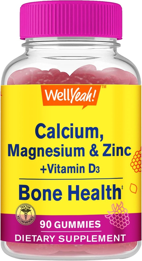 Kalzium, Magnesium, Zink + Vitamin D3 Gummie von Wellja | Knochen, Muskel und Nerve Gesundheit Unterstützung, Immununterstützung | für Männer und Frauen | Glutenfrei, Non GMO | Raspberry Flavor | 90 Count