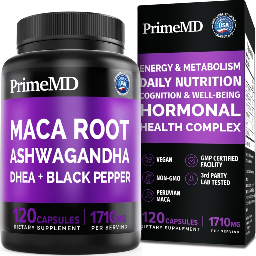 6-in-1 Organic Maca Root Ashwagandha Capsules 1710mg mit DHEA und schwarzer Pfefferfrucht-Extrakt für Frauen und Männer - Schwarze Maca-Ergänzung für Stamina, Knochen und Mood-Unterstützung Supplement, 120 count