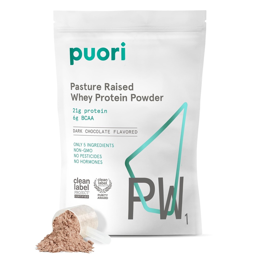 Puori Whey Protein Powder, Dark Chocolate - PW1 Pasture-Raised, Grass-Fed Whey Protein Powder Drink Mix mit BCAA Amino Acids - Nach-Workout-Ergänzung für Muskelaufbau & Recovery - 30 Portionen