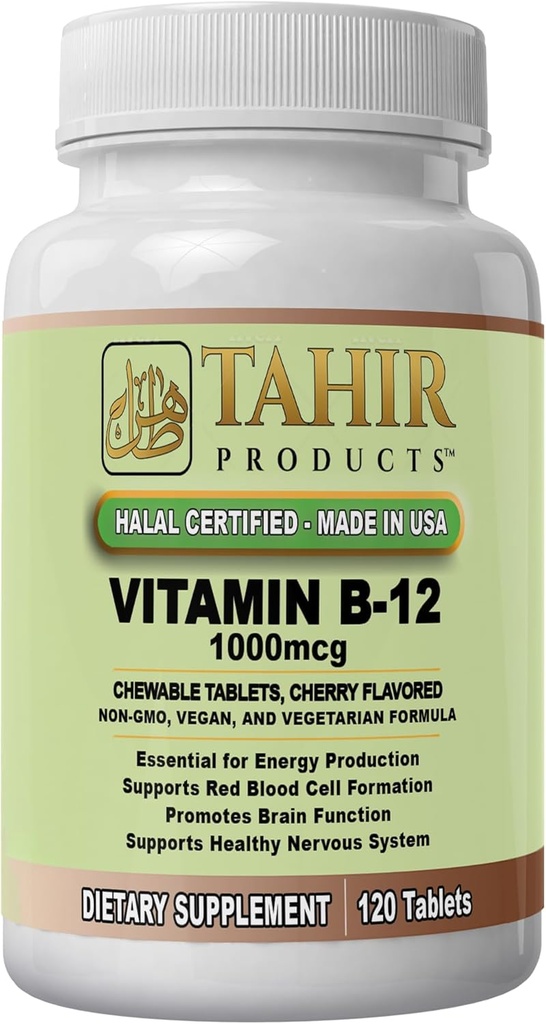 Tahir Halal Vitamin B12 1000mcg: Erhöht Energie, Stoffwechsel und Nervensystem Gesundheit. Vegan & Vegetarisch, Dairy-Free, 120 kaubare Tabletten. Made in USA - Zertifizierter Halal.