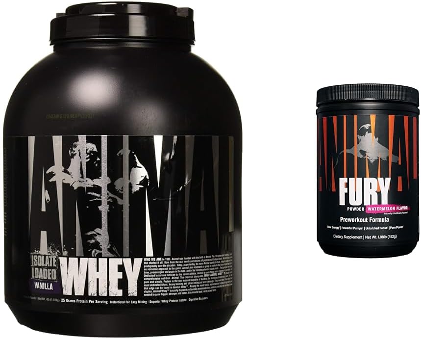 Animal Whey Isoliert Whey Protein Pulver – Isolate geladen für Post Workout und Erholung & Fury Pre Workout Pulver Ergänzung für Energie und Fokus 5g BCAA 350mg Koffein Nitric Oxid