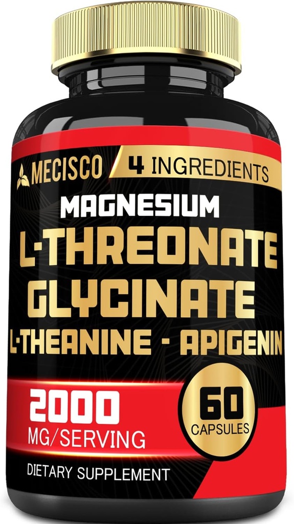 2000mg Magnesium L Threonat Supplement mit Magnesium Glycinat, L-Theanin & Apigenin - 60 Kapseln - Positive Stimmung, Gehirngesundheit, Fähigkeit zu erinnern & Muskelwachstum Unterstützung