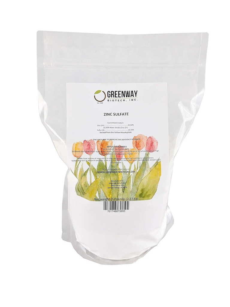 Greenway Biotech, Inc. Poudre de sulfate de zinc 35,5% Monohydrate Plus 16,5% Soufre (5 livres)
